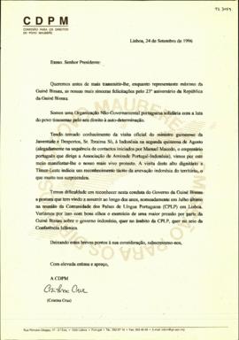 Letter Cristina Cruz (CDPM) - President of Guinea Bissau 1996-09-24